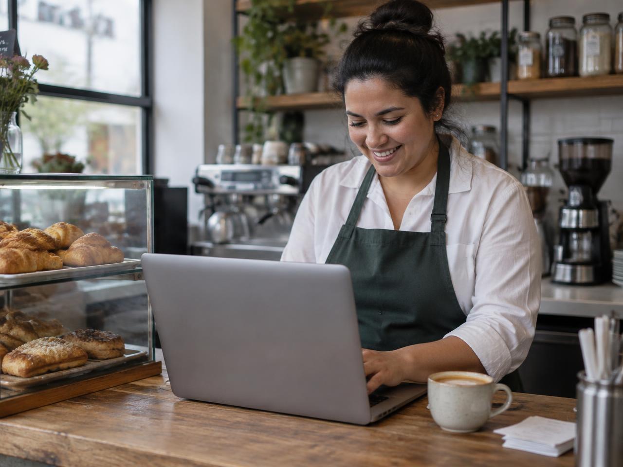Una emprendedora hispana revisa su negocio en MÍO desde su computadora